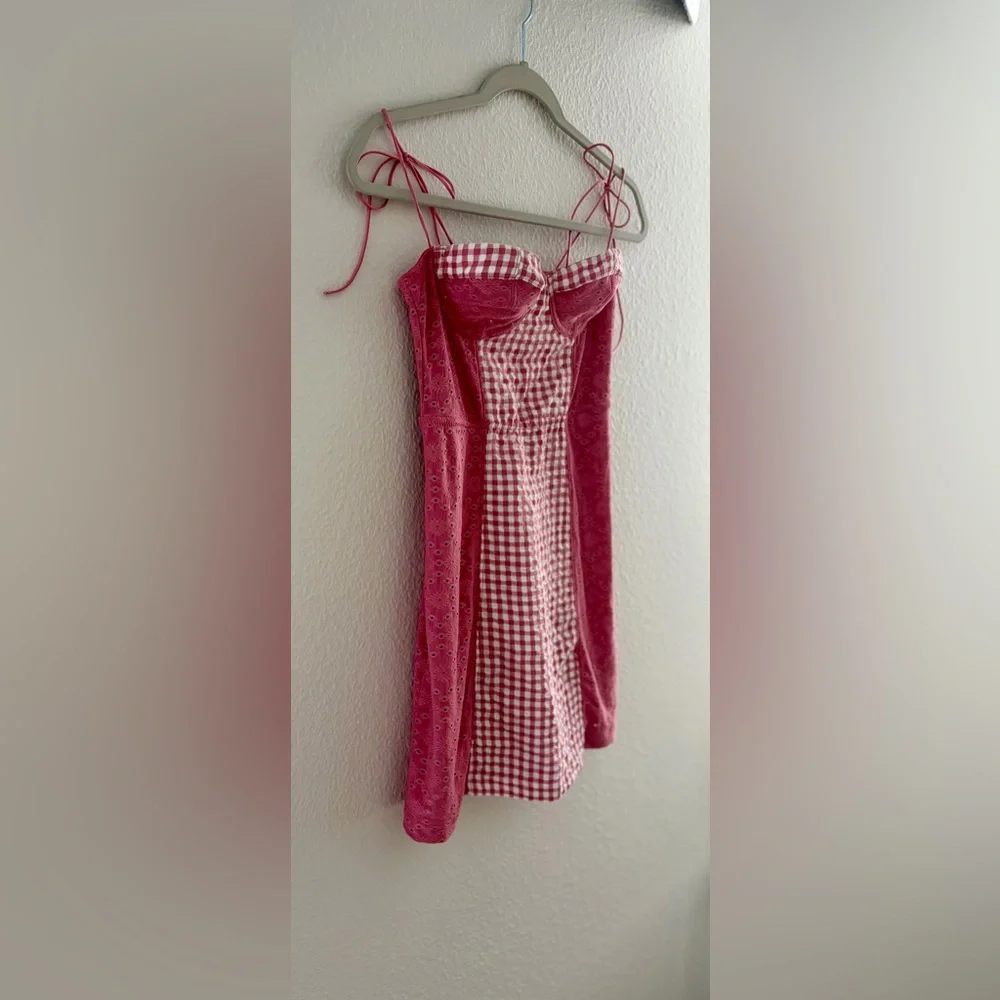 Urban Outfitters Pink Gingham Corset Mini Dress Eyelet Bustier SP - Picture 7 of 15